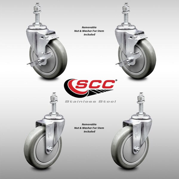Service Caster 5 Inch SS Gray Polyurethane Swivel 3/8 Inch Threaded Stem Caster Brake SCC, 2PK SCC-SSTS20S514-PPUB-TLB-381615-2-S-2 - main